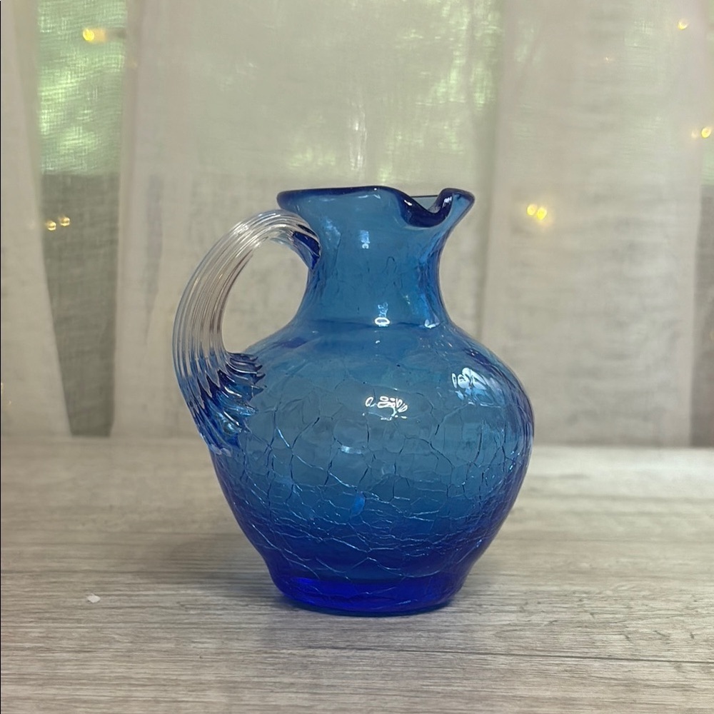 Blue Crackle Glass Creamer with Clear Handle